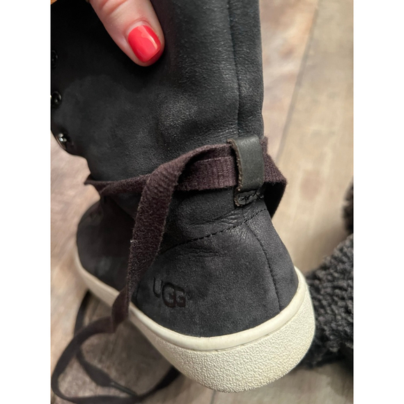 Women's UGG Black Leather Gray Shearling High Top Sneakers Size 7 - Picture 11 of 14